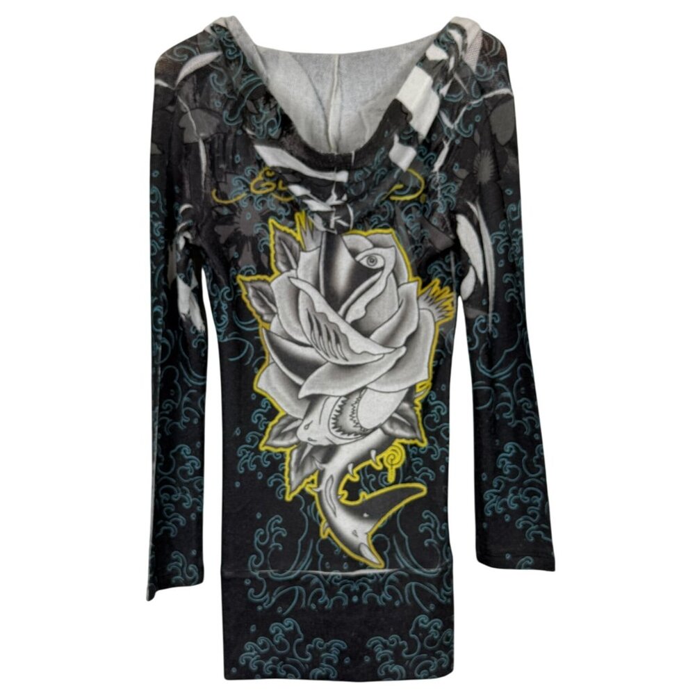 Ed Hardy Shark Rose Tattoo Graphic Tunic Hoodie Medium Vtg Y2K Long Sleeve USA - Picture 5 of 11